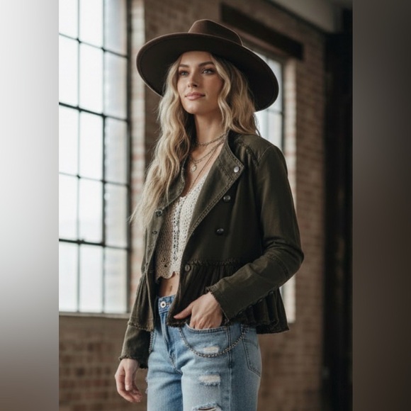 New Free People Flared Ruffle Hem Military Button Jacket Olive Army Green - Picture 3 of 12